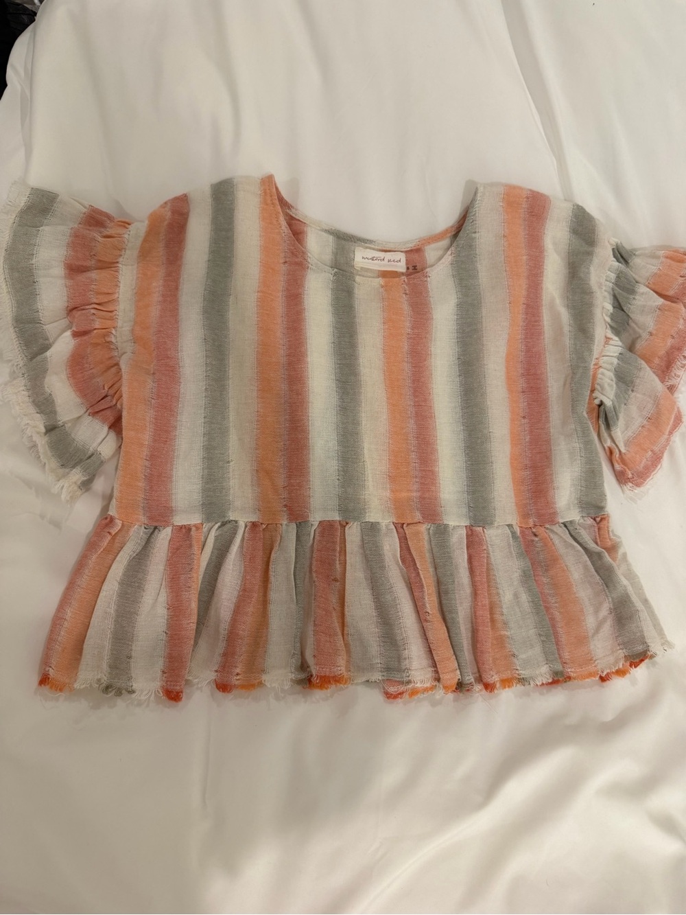 Mustard Seed Peach, Gray & Cream Striped Ruffle Peplum Top